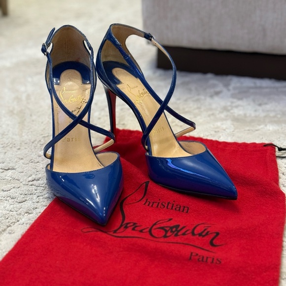 Christian Louboutin | Electric Blue Patent Leather Criss Cross Blake 100 Pumps - Picture 17 of 17